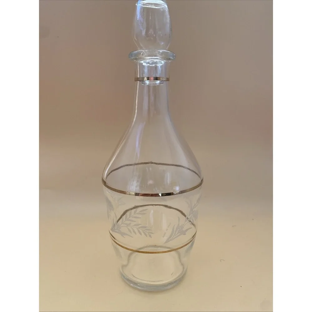Vtg Gold Rimmed Stampi Francolini Holly Etched Glass Decanter Made in Italy